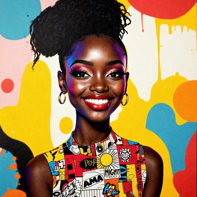 The primary subject of the image is a woman with a smile on her face. She is wearing a colorful dress and is posing for the camera. The setting is a colorful background, which adds to the vibrant atmosphere of the image. The visual style is a combination of digital art and illustration, creating a unique and eye-catching portrait. The colors and mood of the image are lively and cheerful, with the woman's smile and the bright colors of her dress and the background creating a positive and
